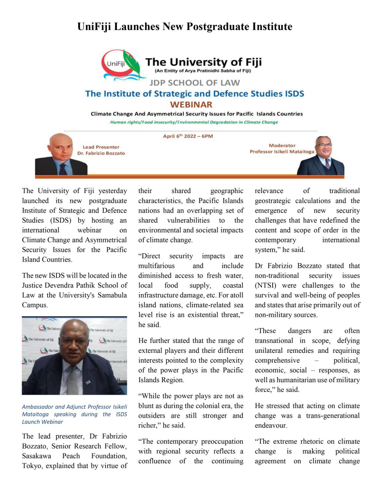 UniFiji Launches New Postgraduate Institute - The University of Fiji
